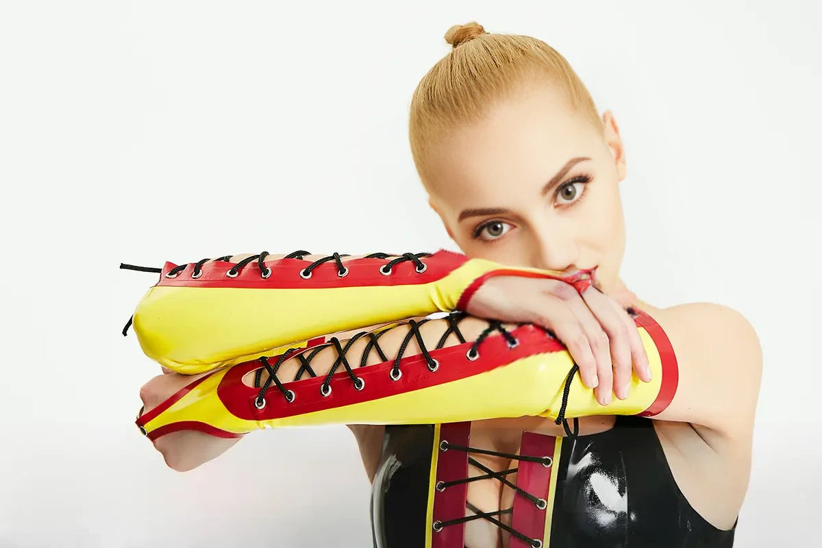 Latex Gloves in Yellow with Red Trim – High-Gloss Women's Latex Gloves