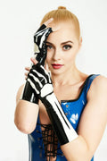 Latex Long Gloves in Black with White Trim – High-Gloss Women's Latex Gloves