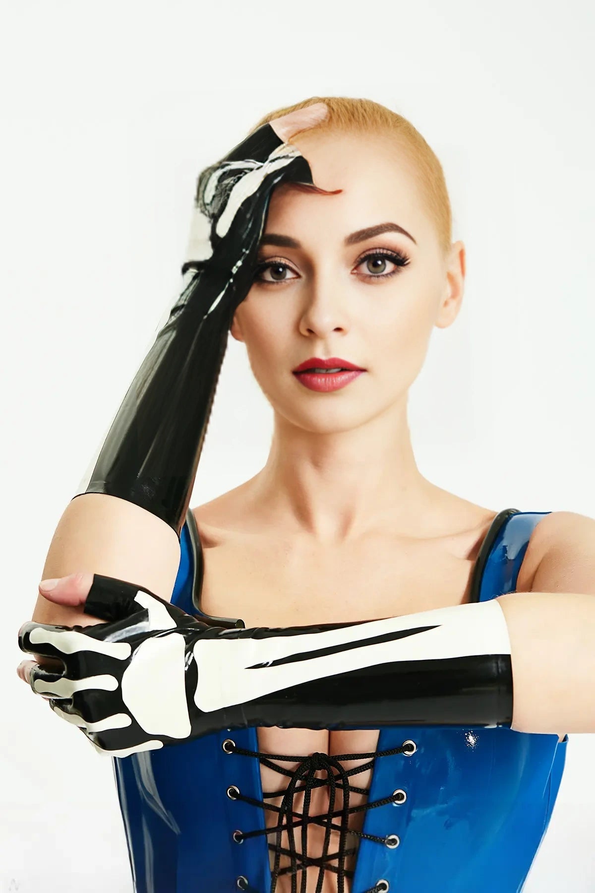 Latex Long Gloves in Black with White Trim – High-Gloss Women's Latex Gloves