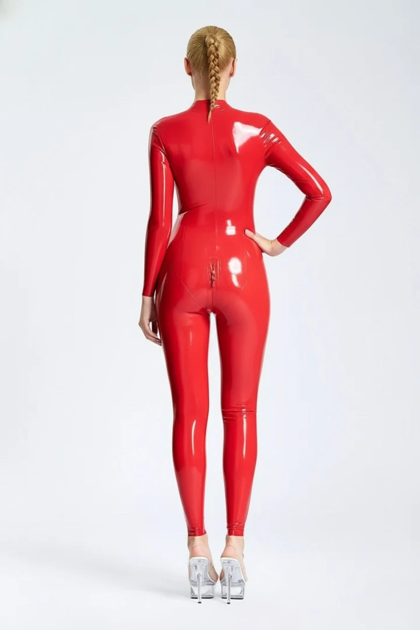 Latex Catsuit with Front Zip Through Crotch – Red