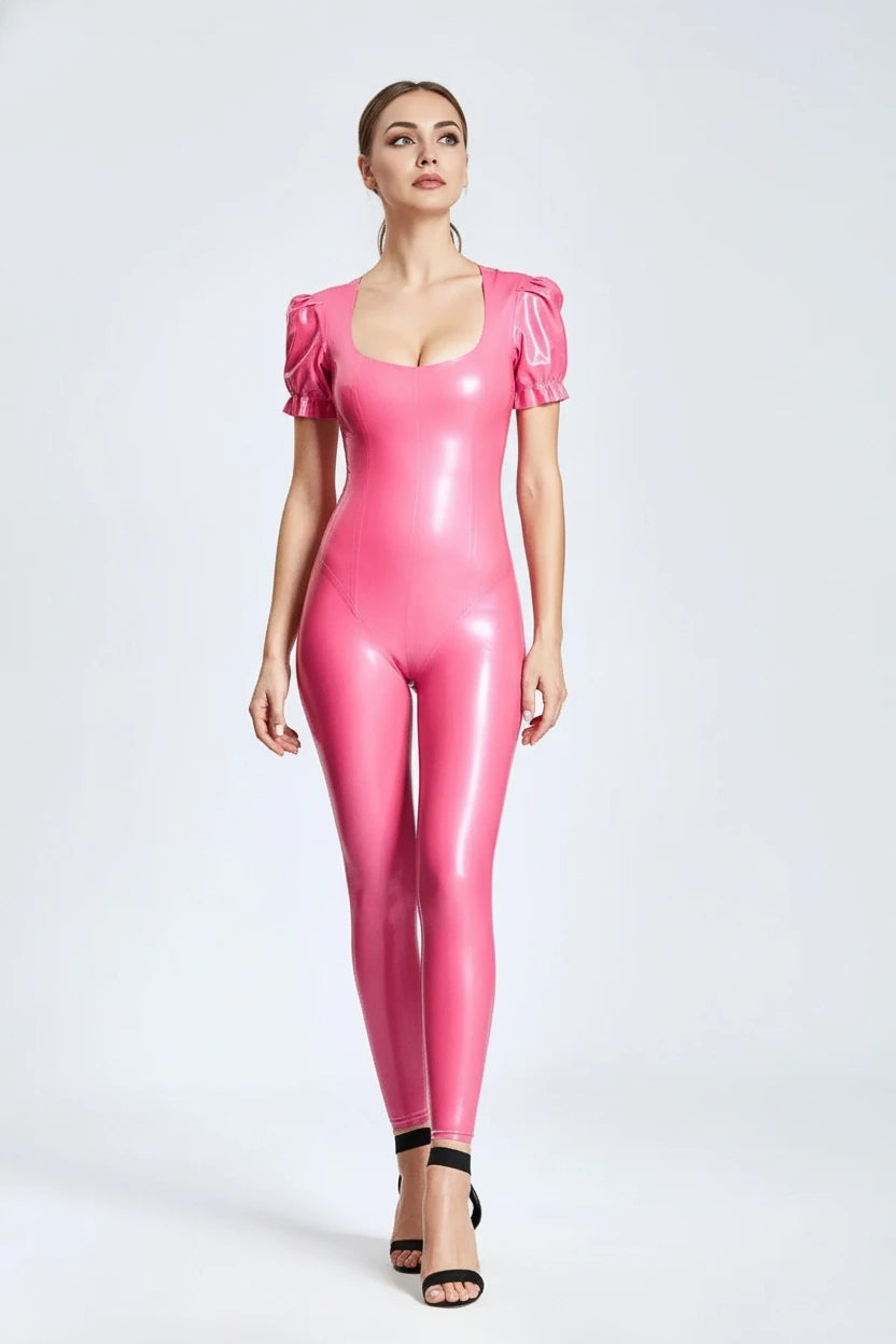 Metallic Pink Latex Catsuit with Puffy Sleeves