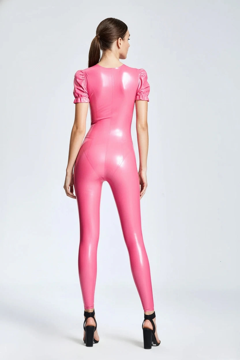 Metallic Pink Latex Catsuit with Puffy Sleeves