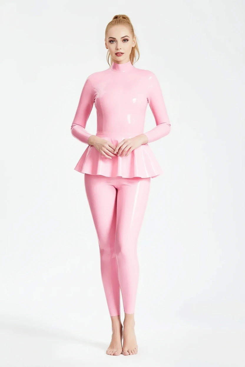 Latex Long-Sleeve Catsuit with Ruffled Skirt – Bubblegum Pink
