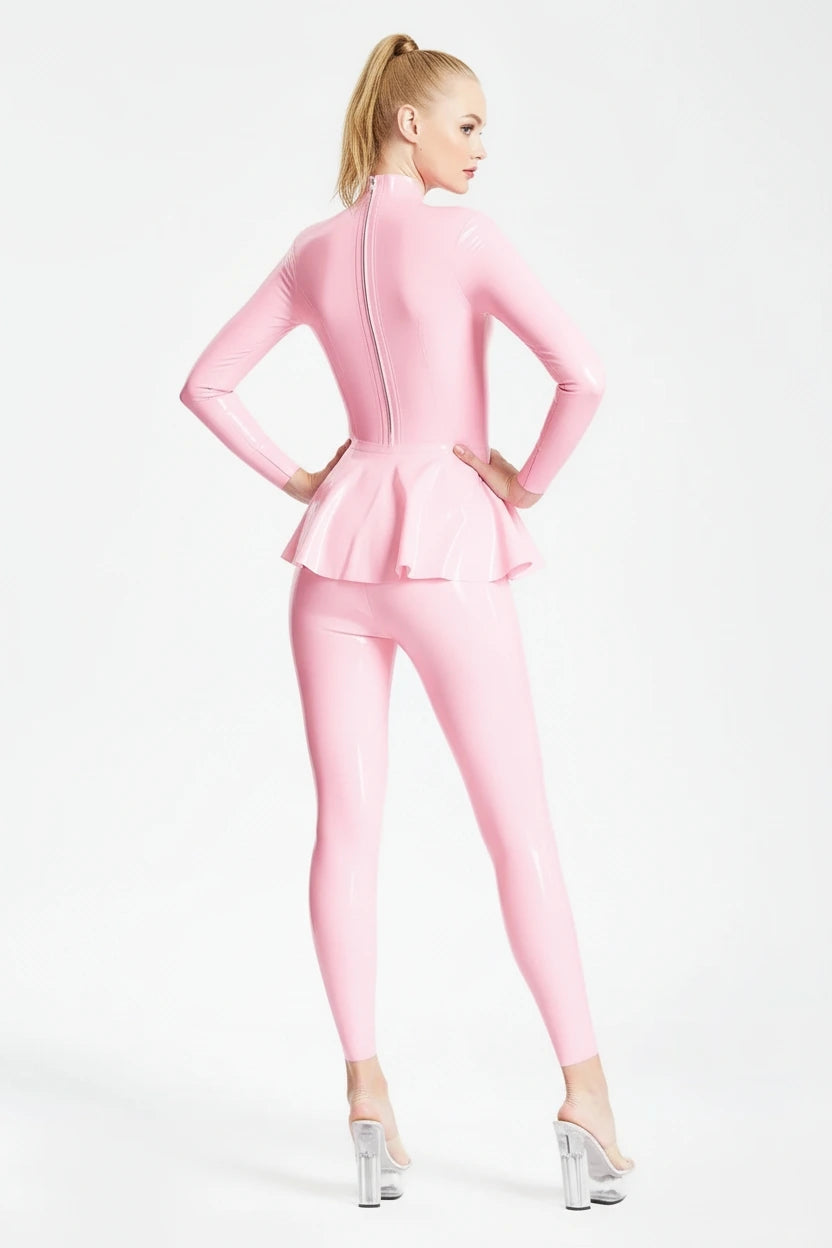 Latex Long-Sleeve Catsuit with Ruffled Skirt – Bubblegum Pink