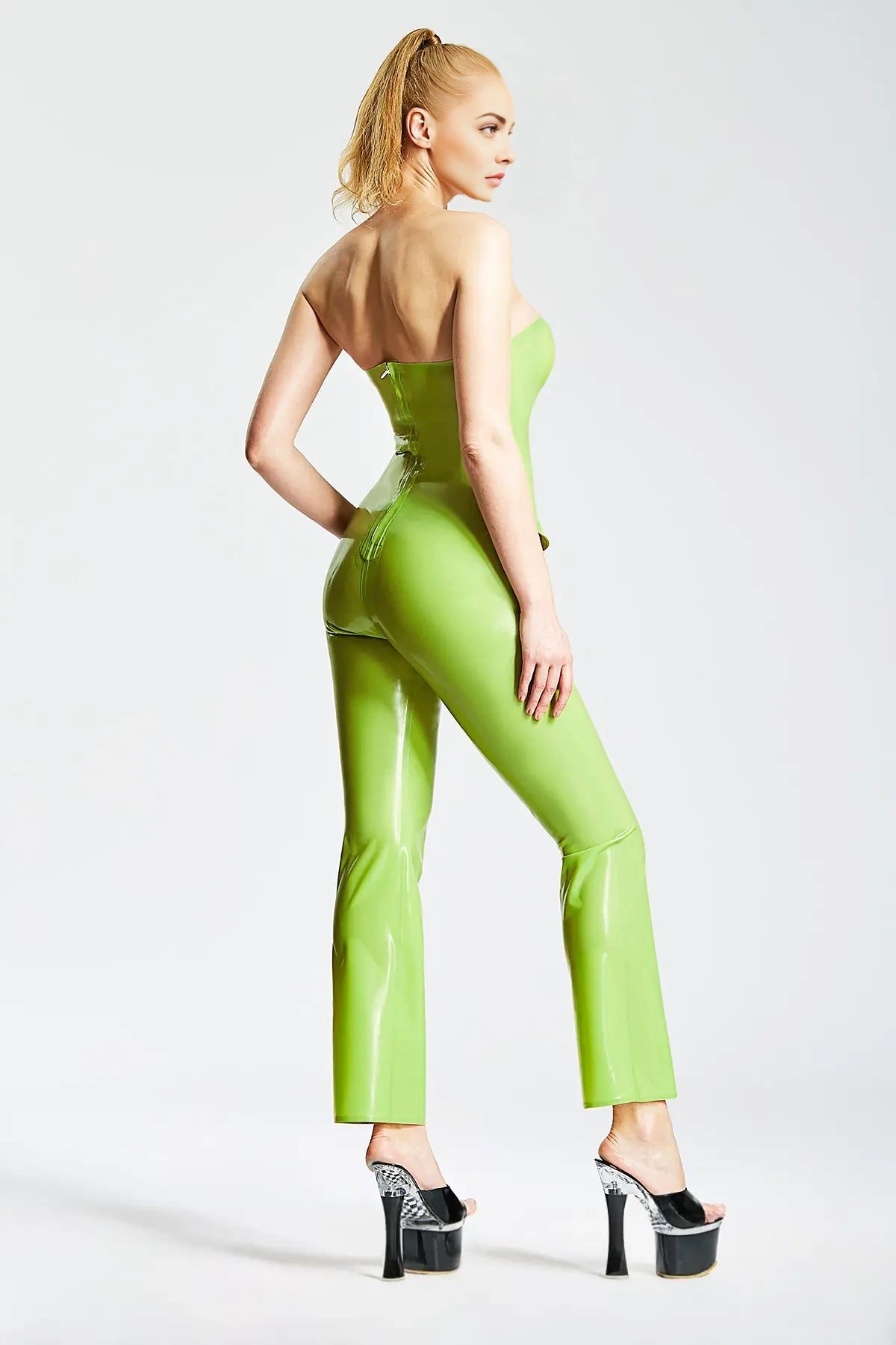 Strapless Low-Cut Flared Latex Jumpsuit