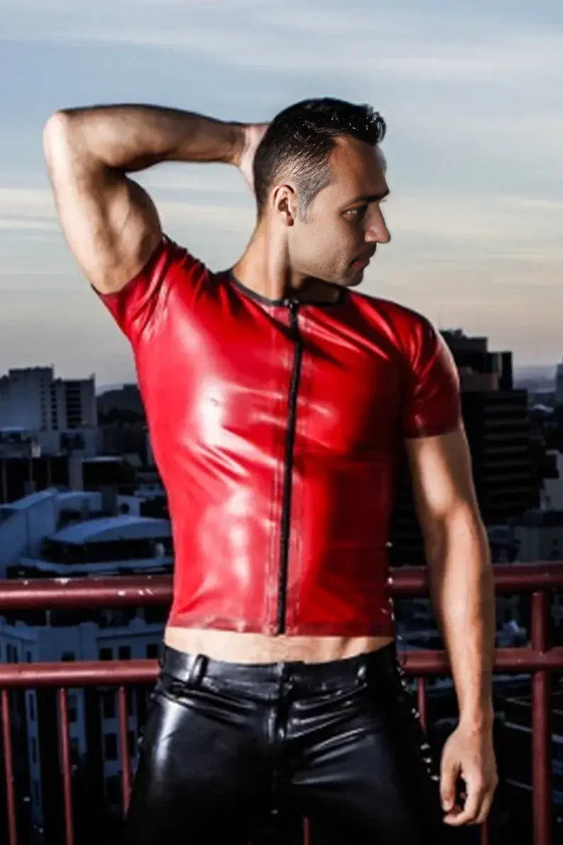 Latex Round Neck T-Shirt with Full-Length Front Zip – Red and Black