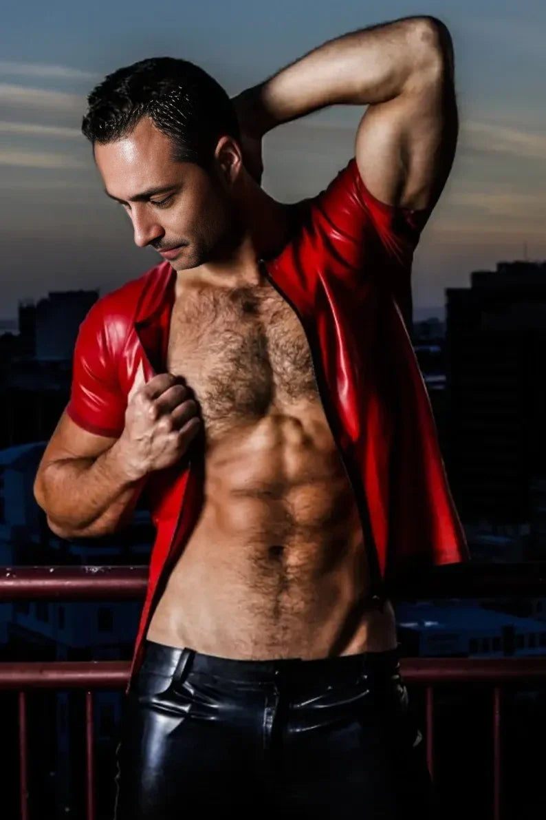 Latex Round Neck T-Shirt with Full-Length Front Zip – Red and Black