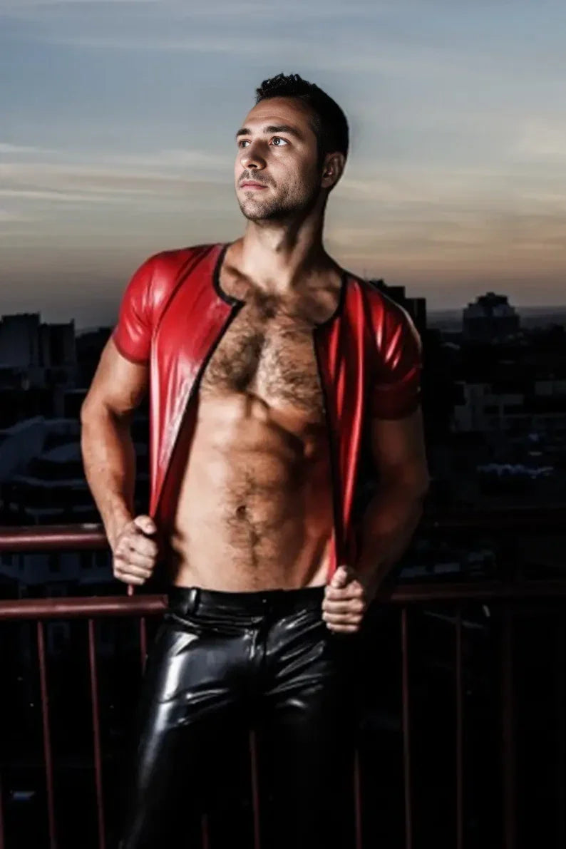 Latex Round Neck T-Shirt with Full-Length Front Zip – Red and Black