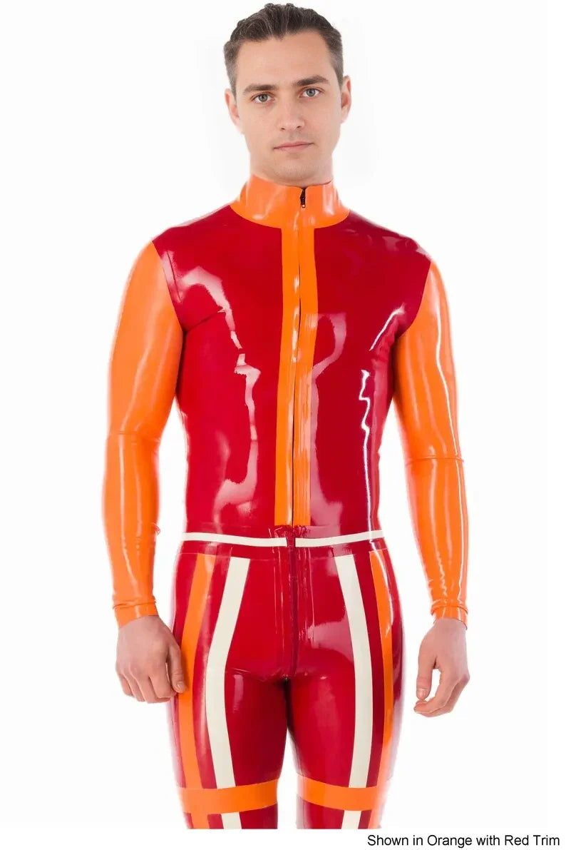 Latex Long-Sleeve High-Neck Top with Contrast Panel & Front Zip