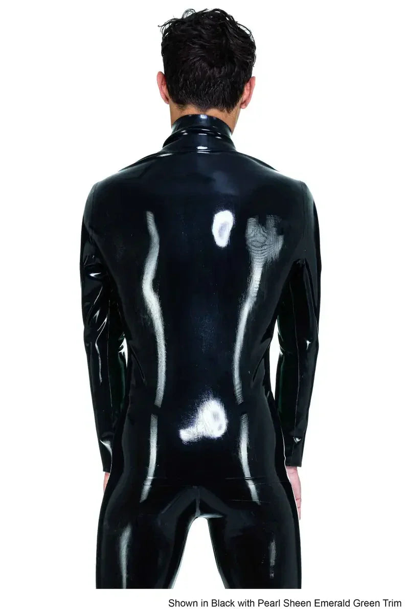 Latex Long-Sleeve High-Neck Top with Contrast Panel & Front Zip