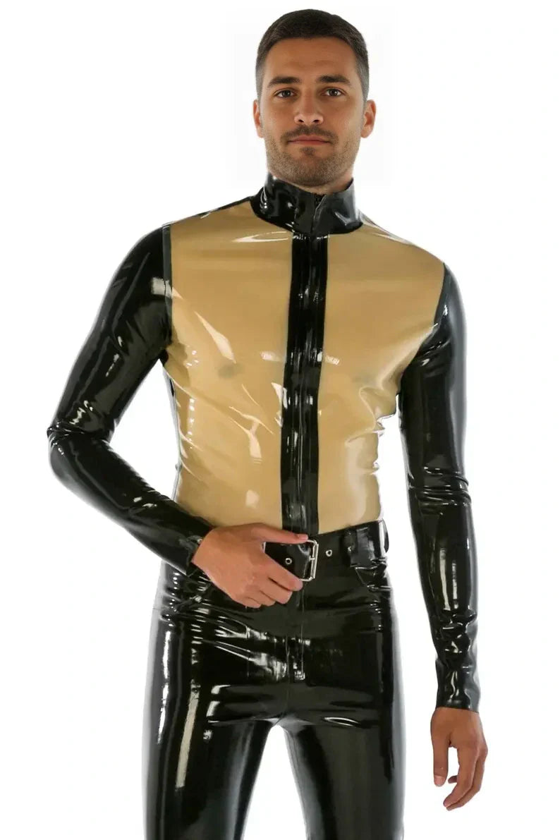 Latex Long-Sleeve High-Neck Top with Contrast Panel & Front Zip