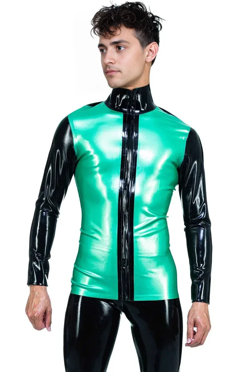 Latex Long-Sleeve High-Neck Top with Contrast Panel & Front Zip