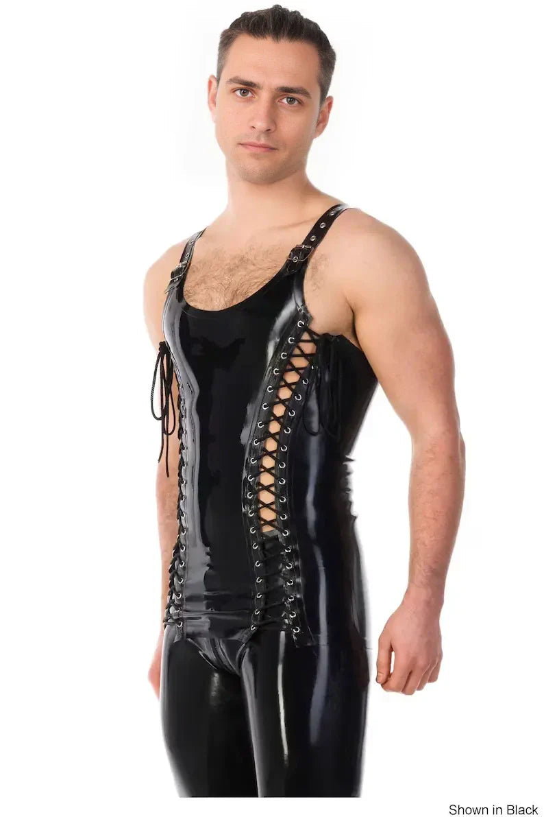 Latex Lace-Up Muscle Vest – Handmade Contrast Trim Latex Top for Men