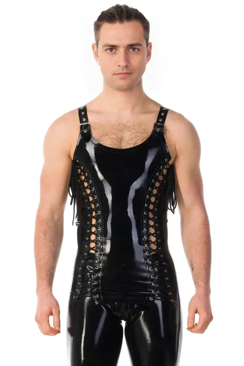 Latex Lace-Up Muscle Vest – Handmade Contrast Trim Latex Top for Men