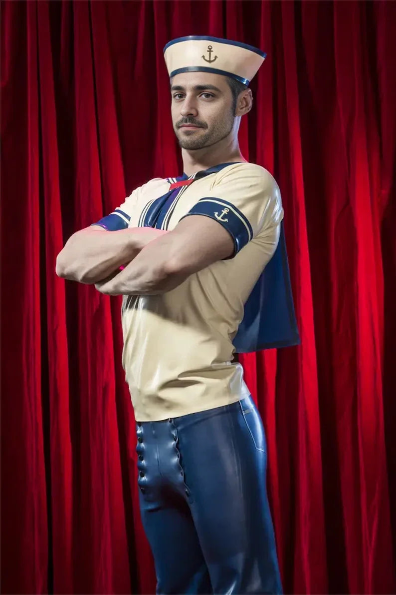 Latex Sailor T-Shirt Set with Collar, Faux Tie and Hat – Milky White and Dark Blue