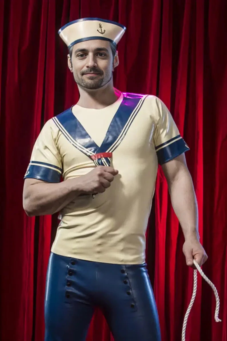 Latex Sailor T-Shirt Set with Collar, Faux Tie and Hat – Milky White and Dark Blue