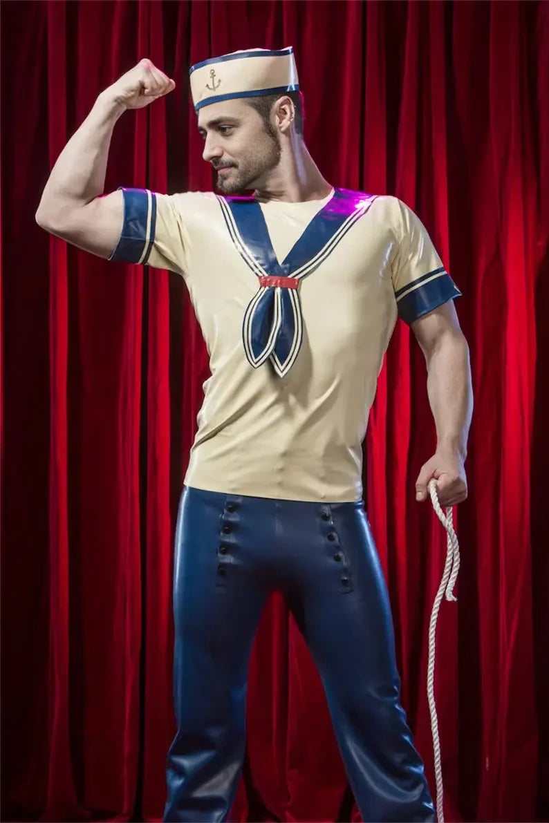 Latex Sailor T-Shirt Set with Collar, Faux Tie and Hat – Milky White and Dark Blue