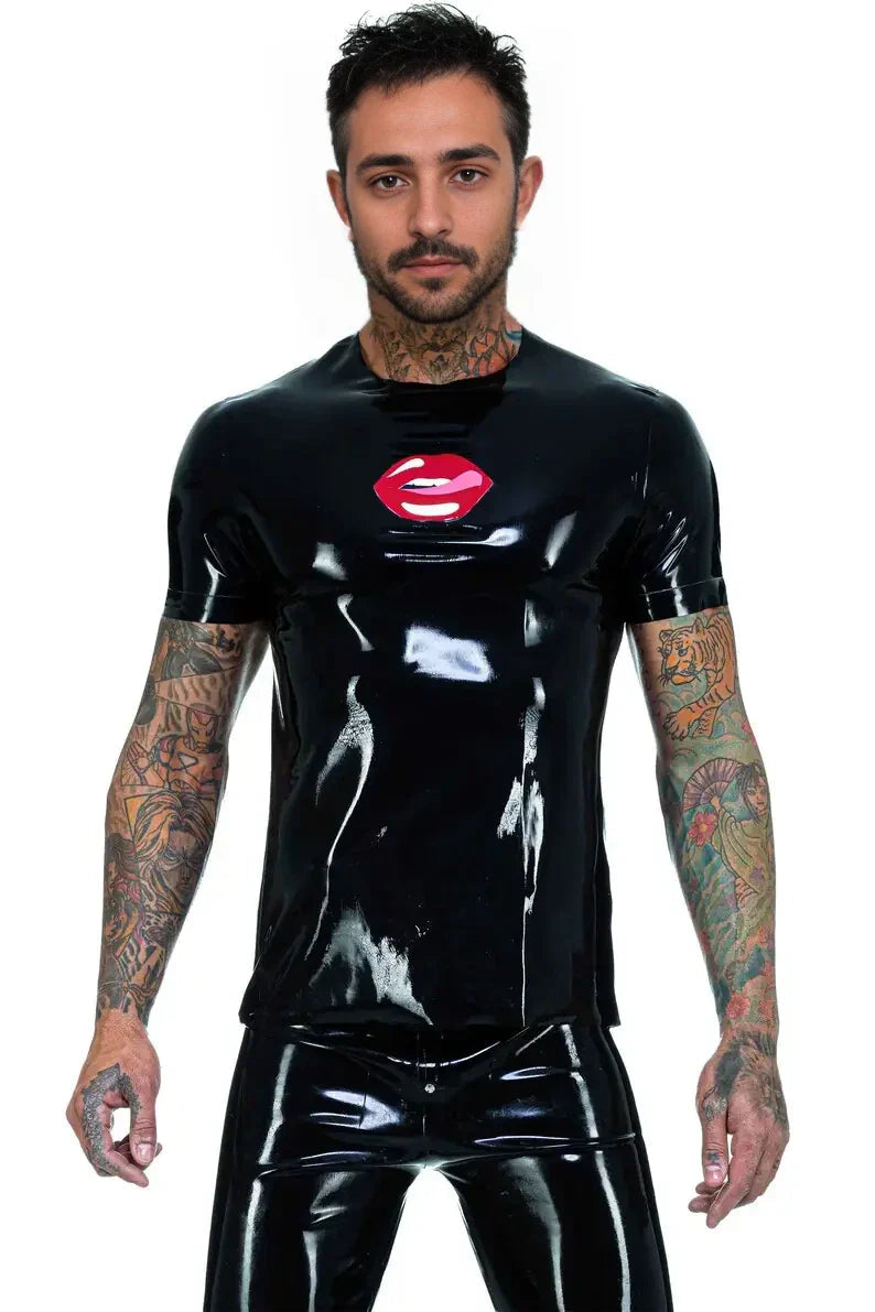 Latex T-Shirt with Lip Print Graphic