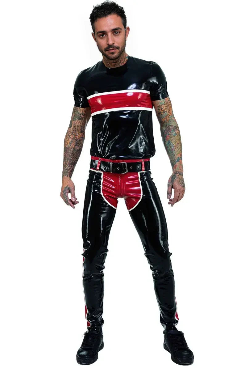 Latex Two-Way Zip Trousers with Contrast Panel