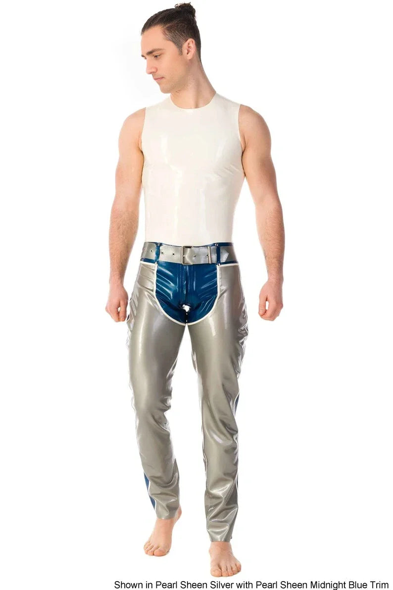 Latex Two-Way Zip Trousers with Contrast Panel