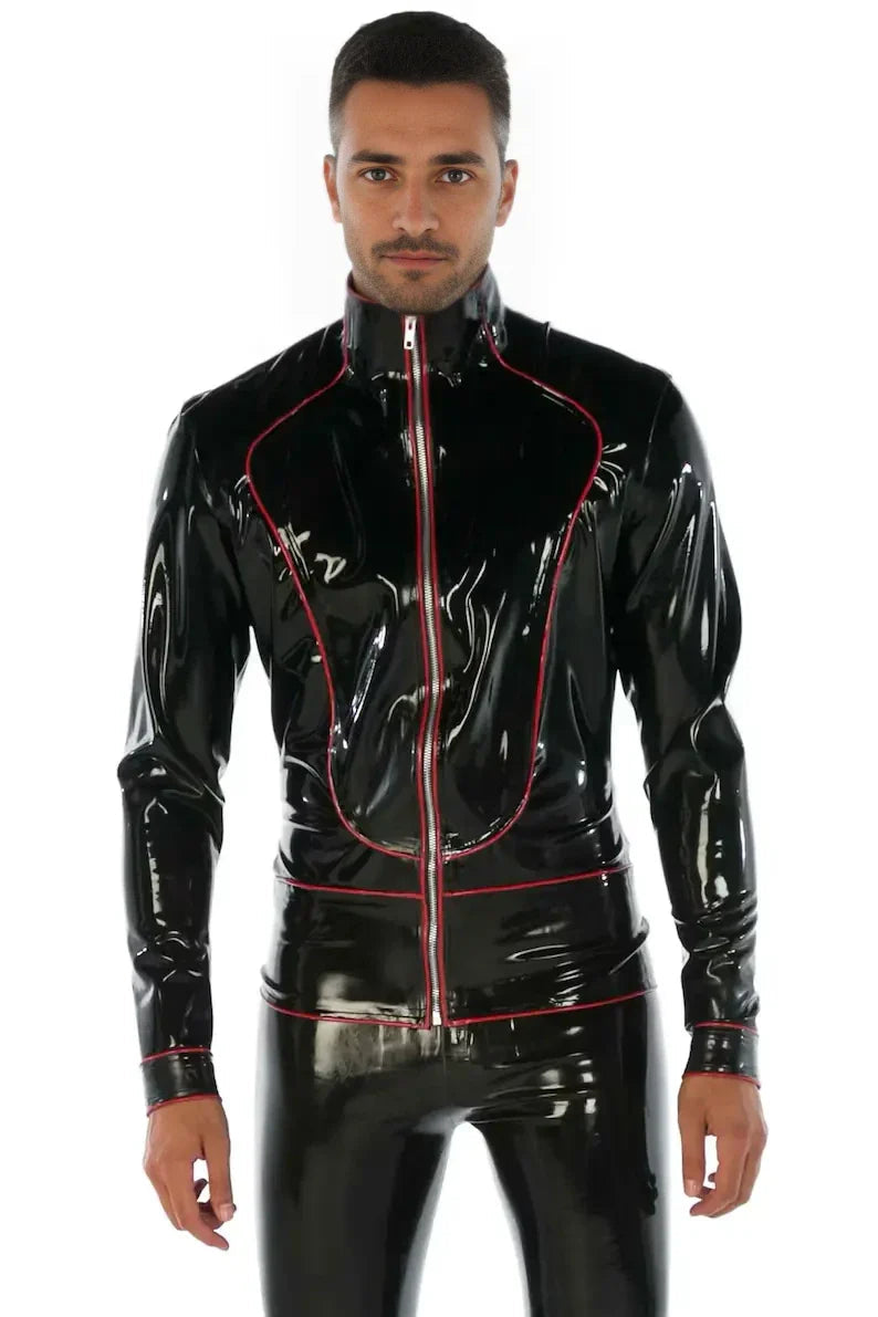 Latex Fitted Jacket with High Neck, Contrast Piping & Front Zip