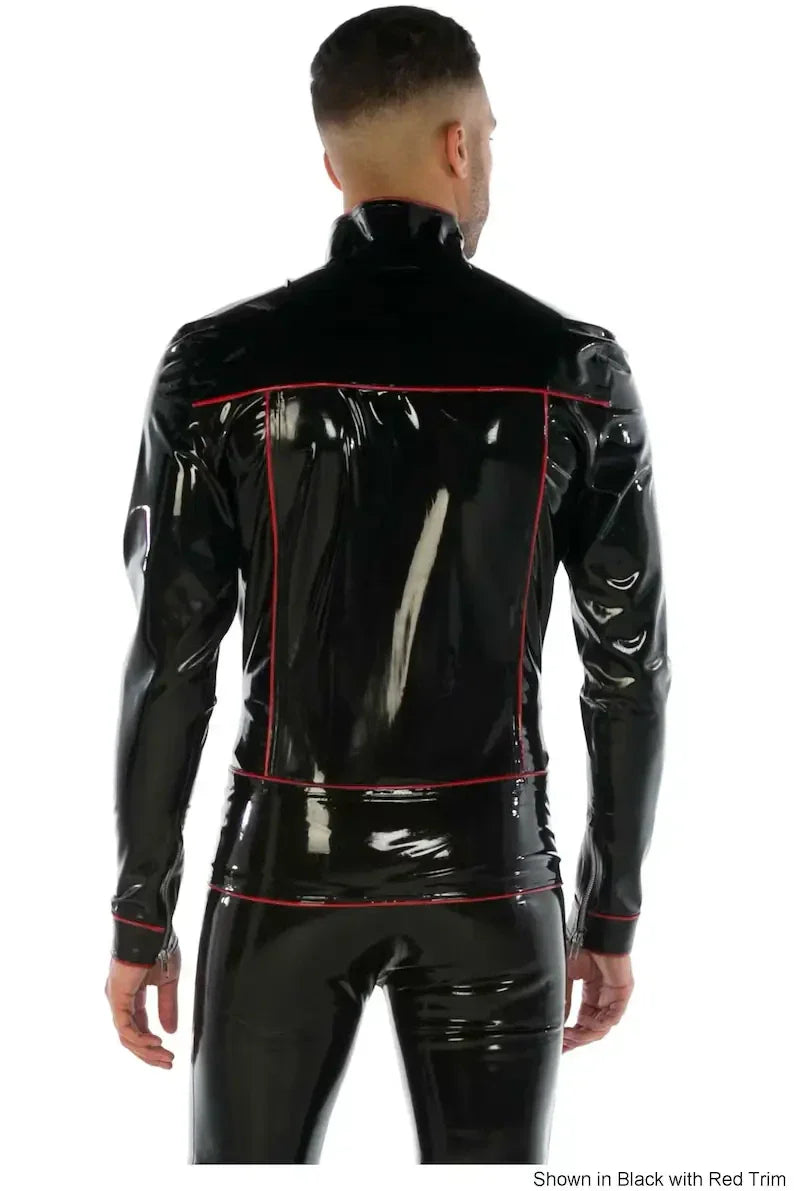 Latex Fitted Jacket with High Neck, Contrast Piping & Front Zip
