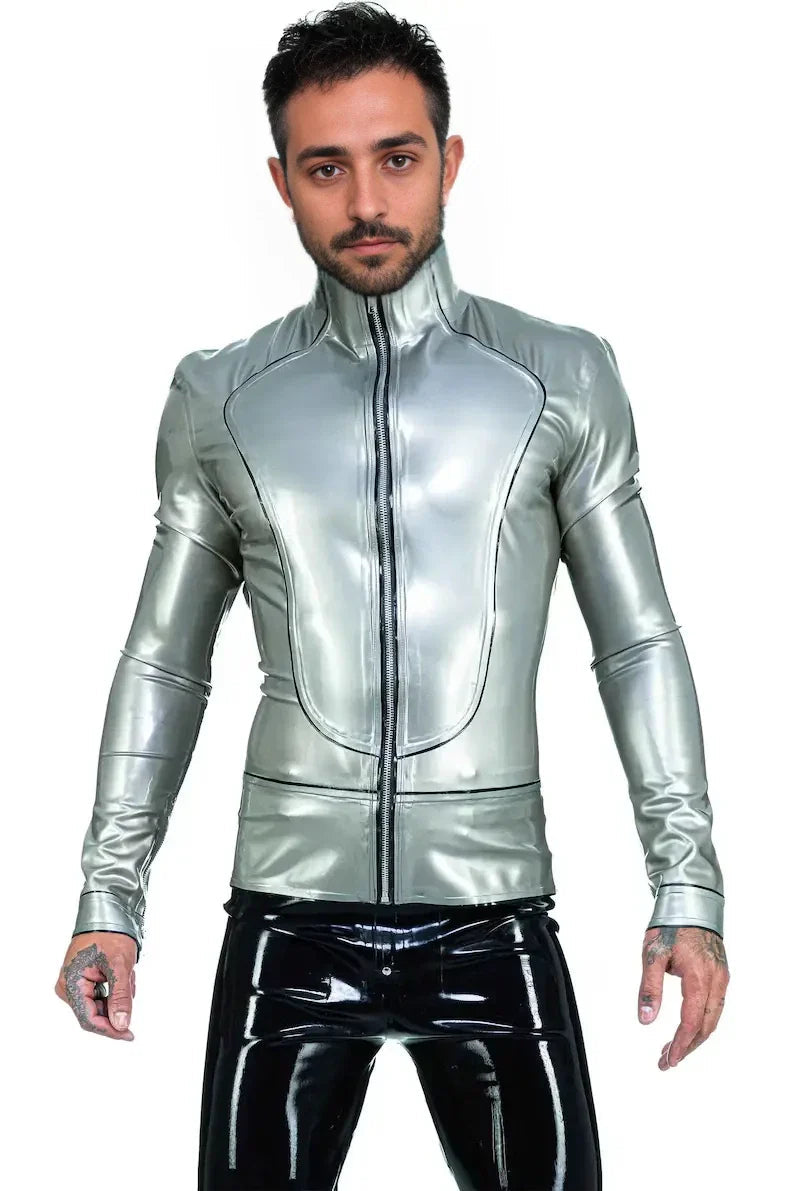 Latex Fitted Jacket with High Neck, Contrast Piping & Front Zip