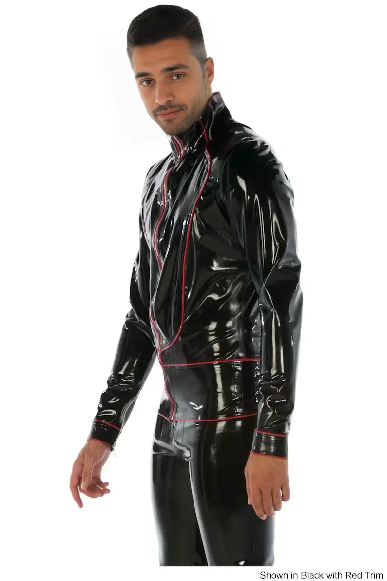 Latex Fitted Jacket with High Neck, Contrast Piping & Front Zip