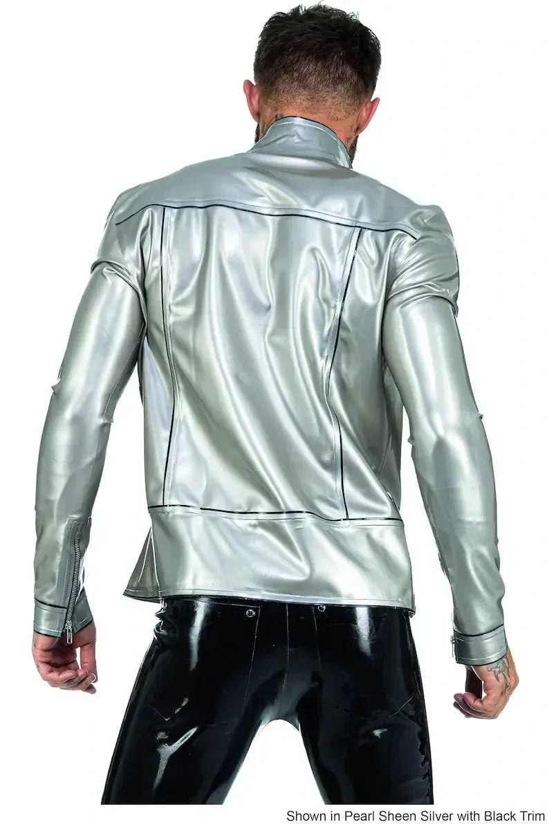 Latex Fitted Jacket with High Neck, Contrast Piping & Front Zip
