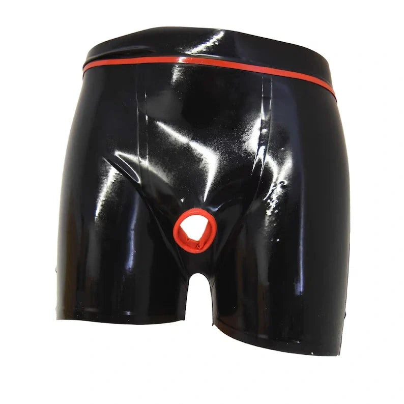 Latex Shorts with O-Ring Front Opening and Contrast Trim