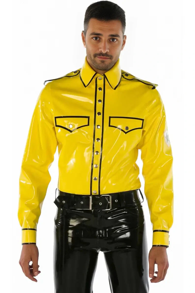 Latex Long-Sleeve Uniform Shirt with Contrast Trim & Badge Detail