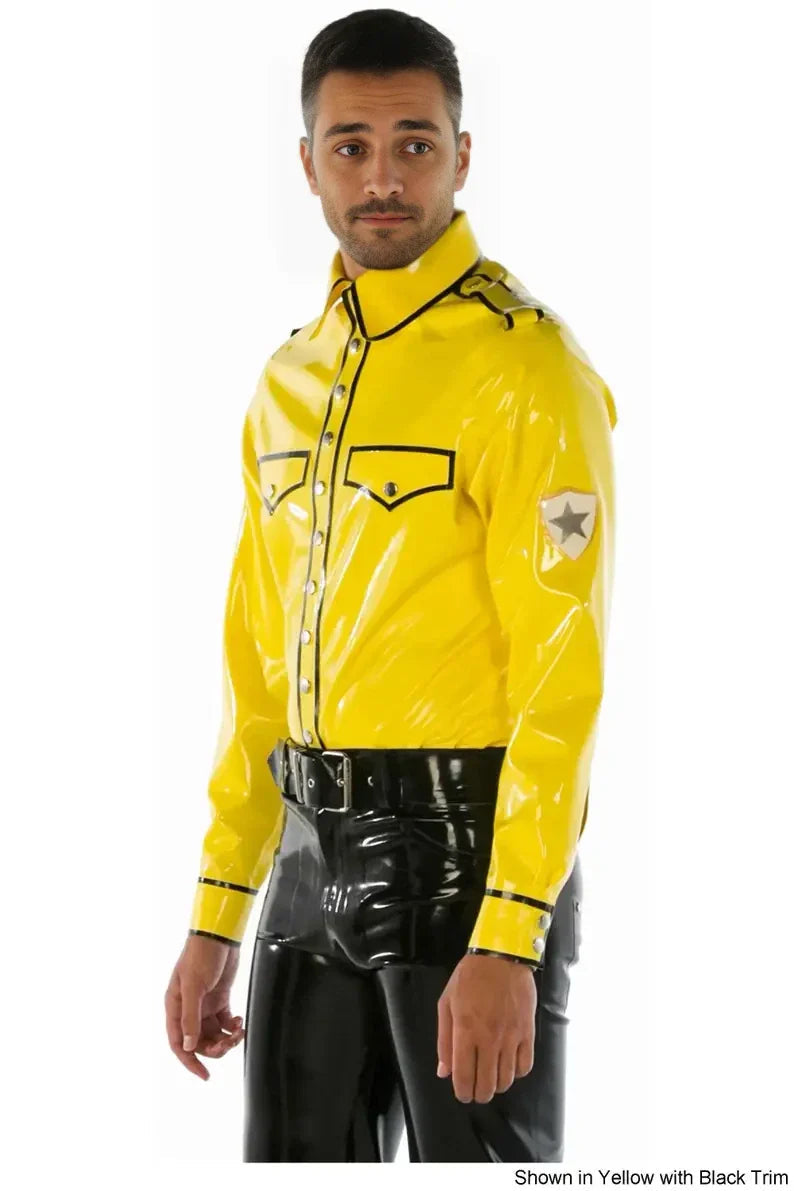 Latex Long-Sleeve Uniform Shirt with Contrast Trim & Badge Detail