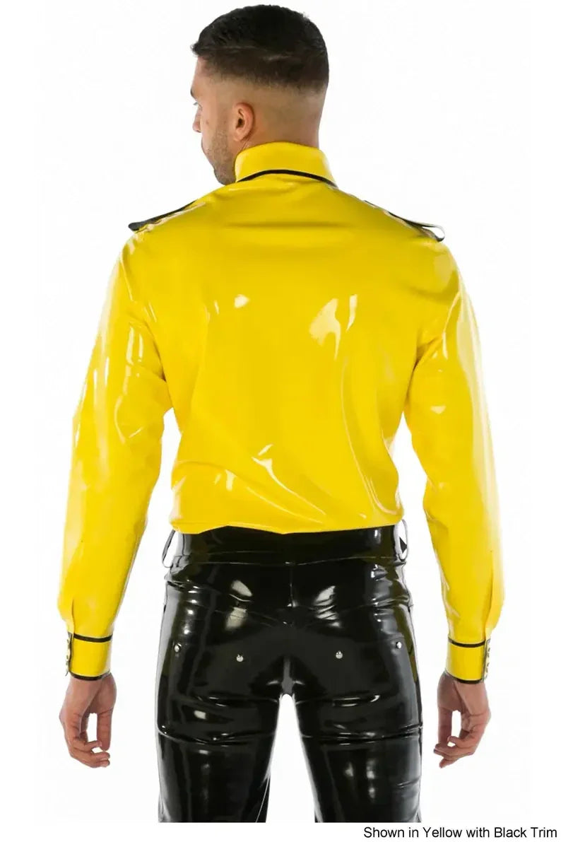 Latex Long-Sleeve Uniform Shirt with Contrast Trim & Badge Detail