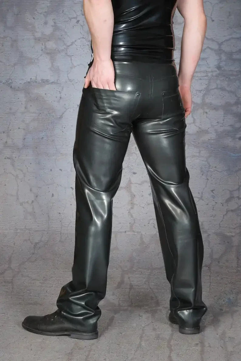 Latex Straight-Leg Trousers with Real Pockets