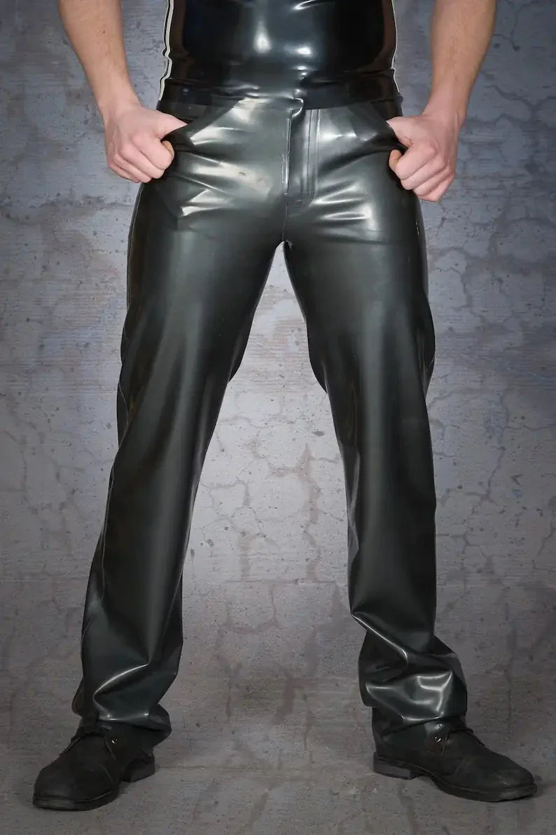 Latex Straight-Leg Trousers with Real Pockets