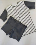 Latex Striped Baseball Shirt and Belted Shorts Set
