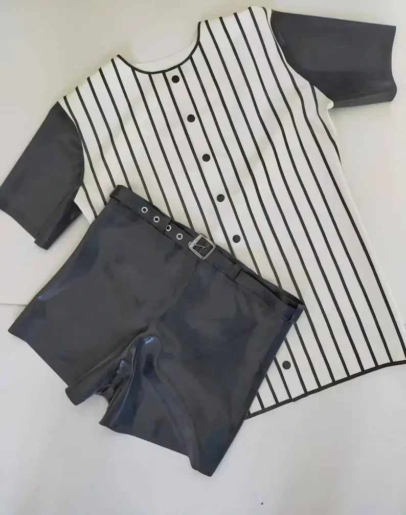 Latex Striped Baseball Shirt and Belted Shorts Set
