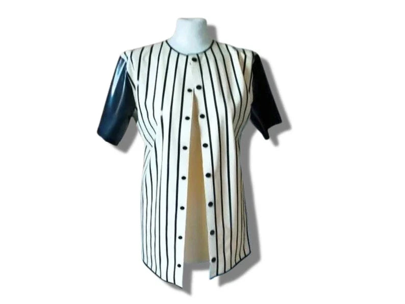 Latex Striped Baseball Shirt and Belted Shorts Set