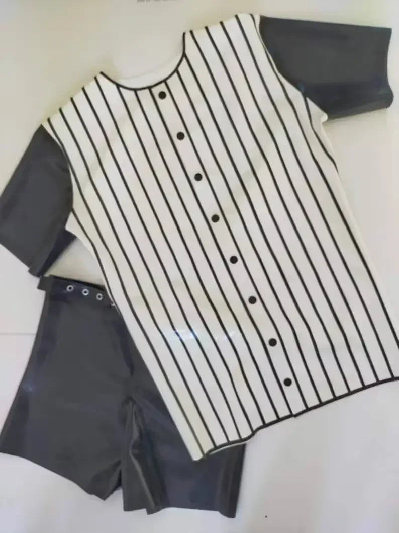 Latex Striped Baseball Shirt and Belted Shorts Set