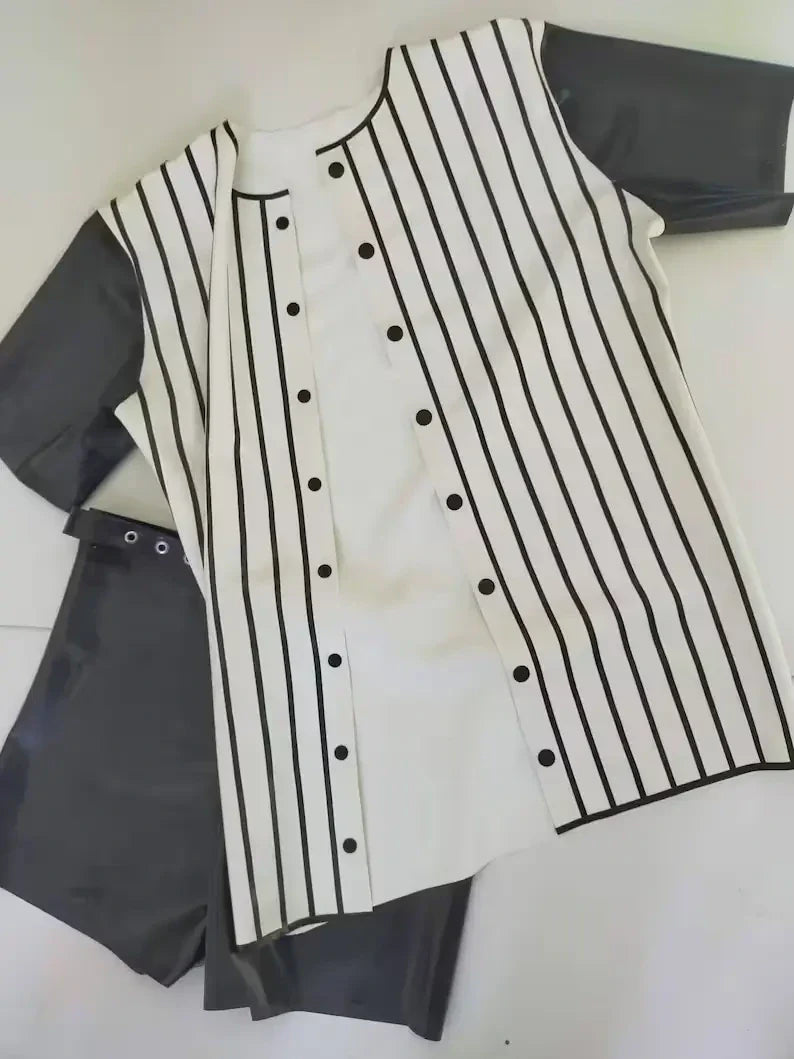 Latex Striped Baseball Shirt and Belted Shorts Set