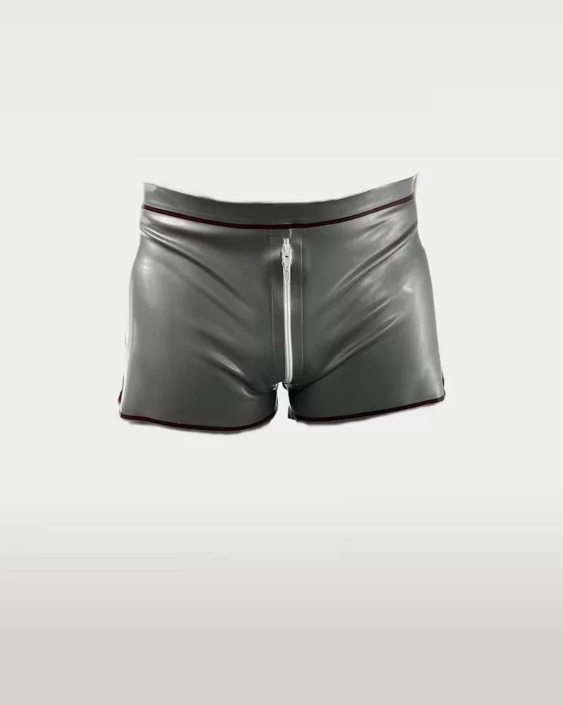 Men's Latex Shorts with Crotch Zip & Contrast Trim