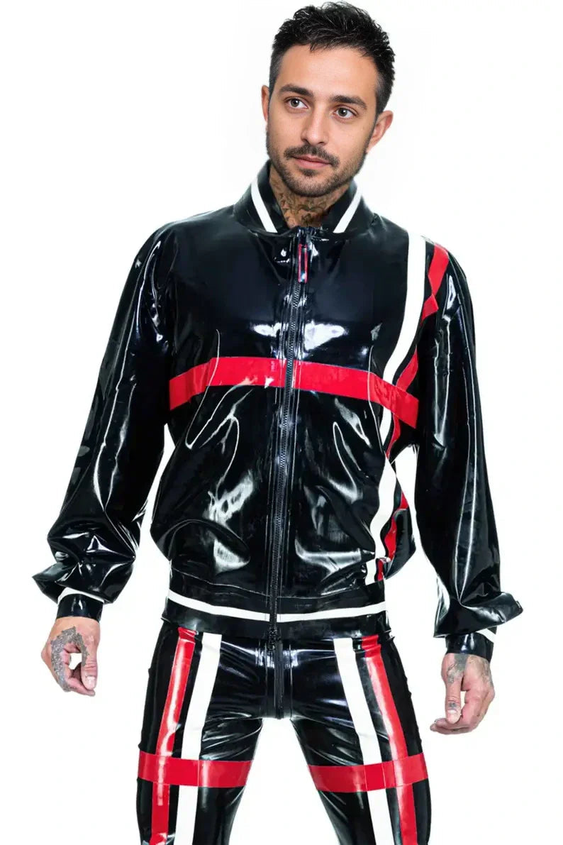 Latex Bomber Racing Style Contrast Trim Jacket – Handmade Men's Latex Outerwear
