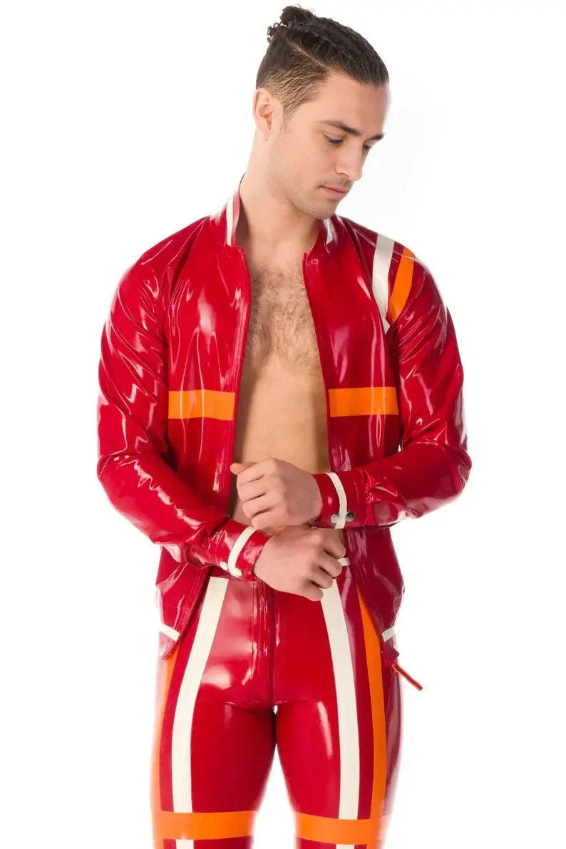 Latex Bomber Racing Style Contrast Trim Jacket – Handmade Men's Latex Outerwear
