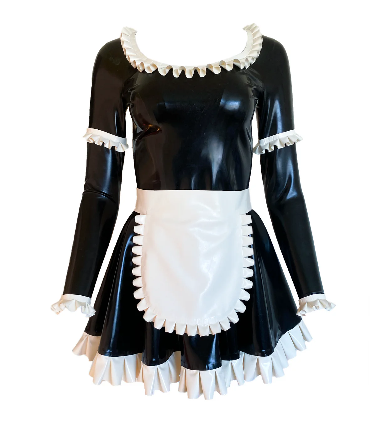 Latex Long-Sleeve Maid Mini Dress with Apron