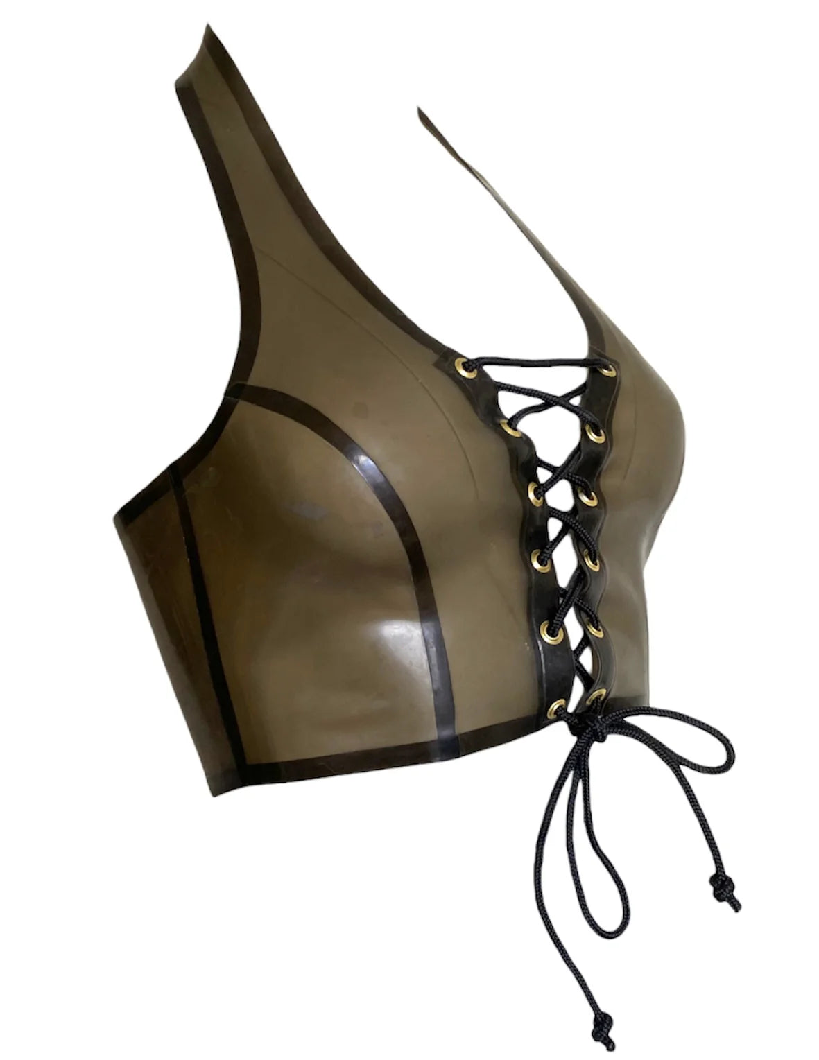 Latex Halter Lace-Up Bra Top with Gold Eyelet Detail