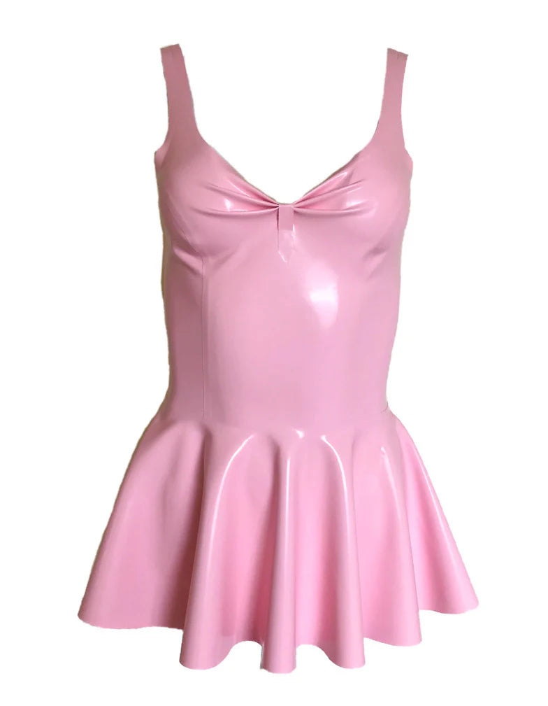 Latex Micro Mini Skater Dress with Pleated Bust and Oversized Bow Belt – Baby Pink