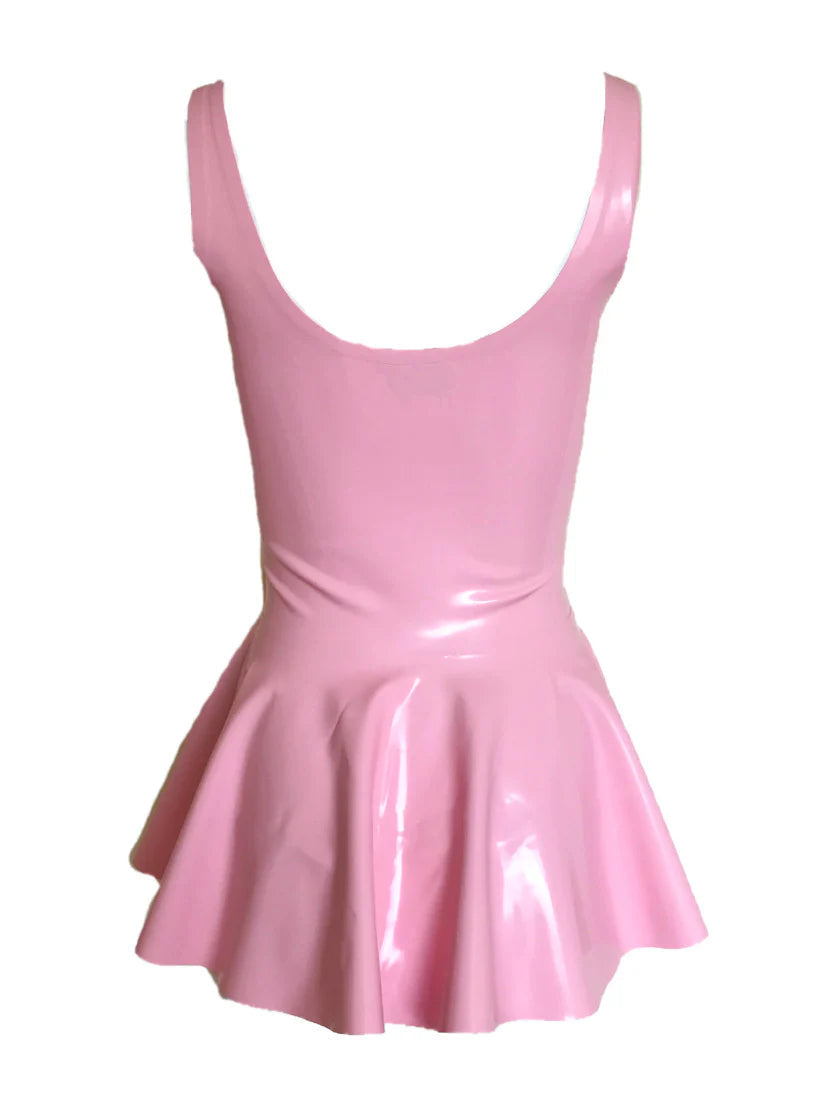Latex Micro Mini Skater Dress with Pleated Bust and Oversized Bow Belt – Baby Pink