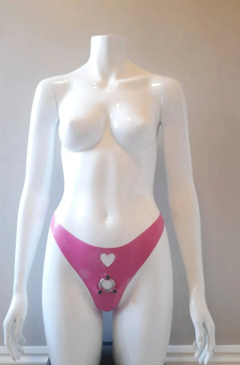 Latex High-Cut Briefs with Heart Cut-Out and Metal O-Ring – Pink