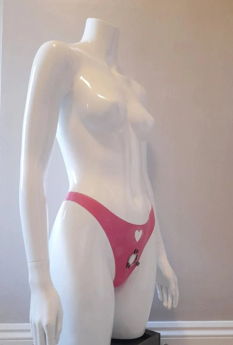 Latex High-Cut Briefs with Heart Cut-Out and Metal O-Ring – Pink