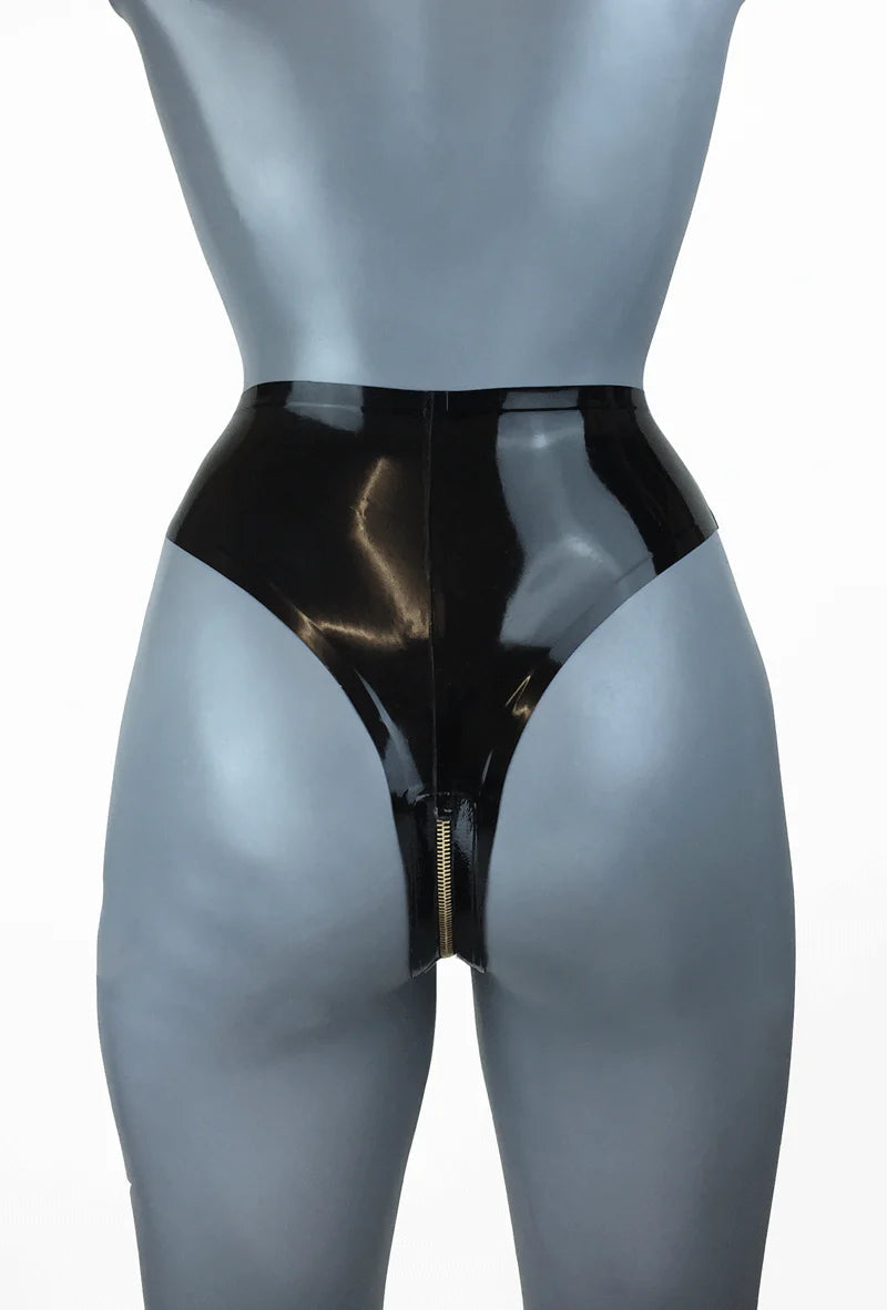 Classic High-Waisted Latex Panty with Front Zipper — Black
